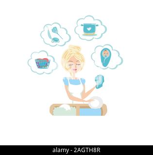 Housewife washing the dishes and thinks of other homework Stock Vector
