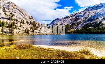 Granite Mountains surrounding the clear glacial water of Tenaya Lake at an elevation of 2484m in Yosemite National Park, California, United States