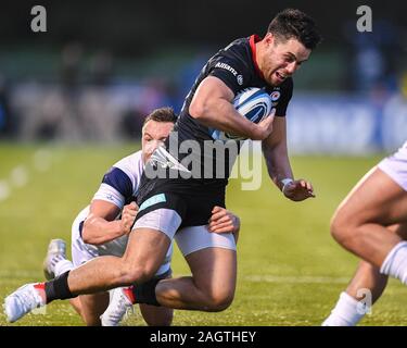 LONDON, UNITED KINGDOM. 20th, Sep 2018. Sean Maitland of Saracens is tackled during Gallagher Premiership Rugby match between Saracens vs Bristol Bears at Allianz Park on Thursday, 20 September 2018. LONDON England .  (Editorial use only, license required for commercial use. No use in betting, games or a single club/league/player publications.) Credit: Taka G Wu/Alamy Live News Stock Photo