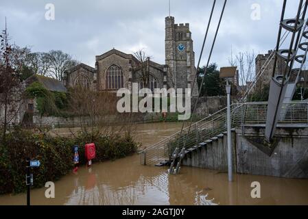 Maidstone, Kent, England - Dec 21 2019: City center and Lockmeadow Millenium Bridge during the flood. Stock Photo