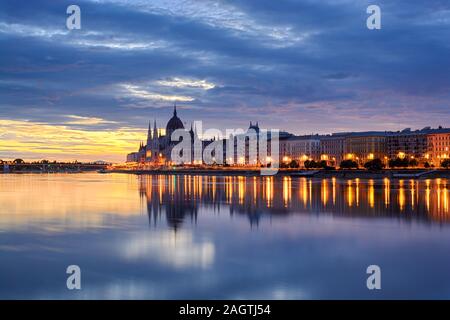 Night view of Budapest downtown reflecting in the river Stock Photo