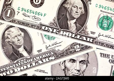 United States one-dollar, two-dollar and five dollar bills Stock Photo