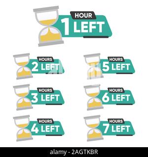 Countdown 1, 2, 3, 4, 5, 6, 7 hours left label or emblem set. Hours left counter icon with hour glass promotion, promo offer. Flat badge with number Stock Vector