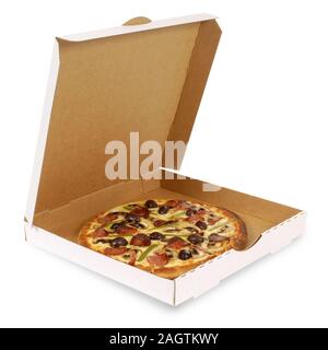 Freshly baked Italian pepperoni Pizza in an open delivery box isolated on a white background. Stock Photo