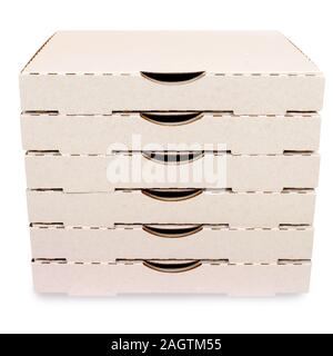 Small stack of blank pizza boxes isolated on a white background. Stock Photo