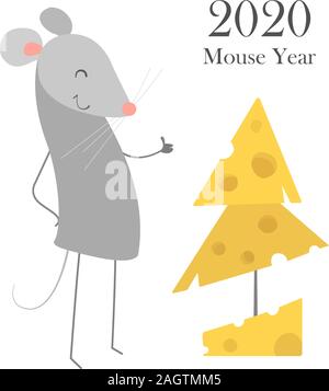 Symbol of chinese new year 2020. Lunar horoscope sign. Funny happy smiling mouse with Christmas tree made of cheese. Vector illustration isolated on Stock Vector