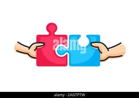 Connect two puzzle pieces. Hands putting two puzzle pieces together. Family concept. Vector illustration in flat style. Stock Vector