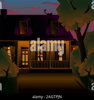Night cozy two-story house with a porch. Vector art illustration of an american house. Stock Vector