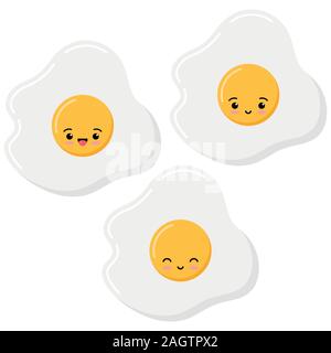 Cute emoji fried eggs icon set, top view, isolated on white background. Stock Vector