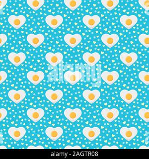 Fried egg colorful seamless pattern with hearts and dots on blue background. Stock Vector