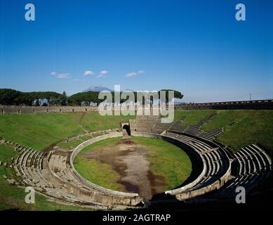 Italy. Pompeii. The Amphitheatre. It was built around 80 BC. Cavea. Panoramic. Campania. Stock Photo