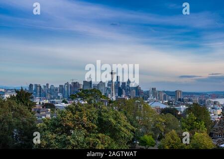 Seattle, United States: October 6, 2018: Seattle Skyline from Kerry Park on clear day Stock Photo