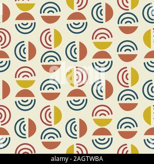 Circle and line shapes abstract modern seamless pattern. Blue yellow repeat background for wrap, textile and print design. Stock Vector