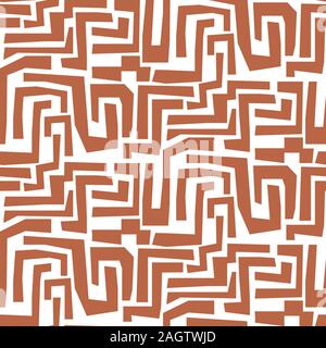 Hand drawn mosaic maze shapes abstract cuttings seamless pattern. Terracotta brown repeat background for wrap, textile and print design. Stock Vector