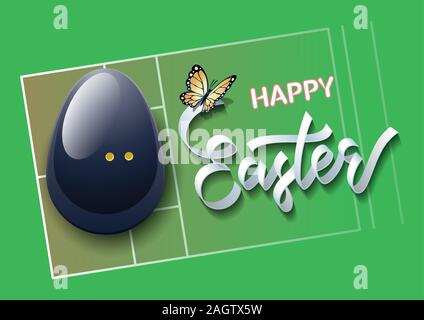 Happy Easter. Easter egg in the form of a squash ball on a squash court background. Vector illustration. Stock Vector