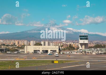 Catania Airport in Sicily seen with Mount Etna in the far