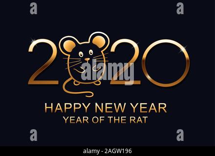 Happy New Year 2020 vector logo design. Happy new year with cute mouse rat. Chinese New Year. Vector illustration. Isolated on blue background. Stock Vector