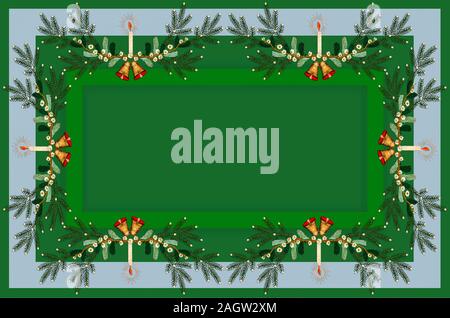 Green tablecloth with embroidered satin stitch frame on the Christmas theme of fir twigs with candles, bells next to flowers and berries with leaves o Stock Photo