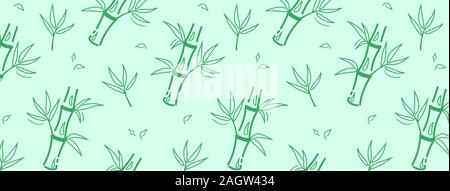 Green bamboo horizontal cover in line on green background. Asian Decorative vector backdrop. Botanical drawing wallpaper. Nature design. Exotic leaf for wallpaper. Chinese Social media design texture. Stock Vector
