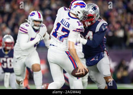 Foxborough, USA. 21st Dec, 2019. Buffalo Bills quarterback Josh Allen (17) is stopped by New England Patriots outside linebacker Dont'a Hightower (54) in the second quarter at Gillette Stadium in Foxborough, Massachusetts on Sunday, December 21, 2019. Photo by Matthew Healey/UPI Credit: UPI/Alamy Live News Stock Photo