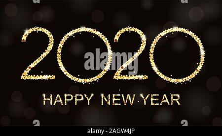 Happy New Year 2020 with glitter on black background. Golden luxury text 2020 Happy New Year. Illustration. Stock Photo