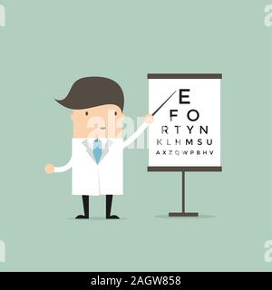 Optometrist points to the table for testing visual acuity. vector Stock Vector