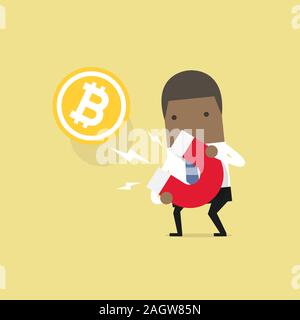 African businessman attracting bitcoin with a large magnet. vector Stock Vector