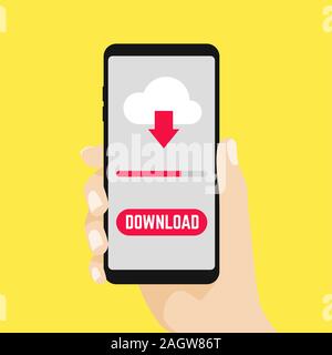 Hand holding smartphone with file download button on the screen. Downloading process concept. vector Stock Vector