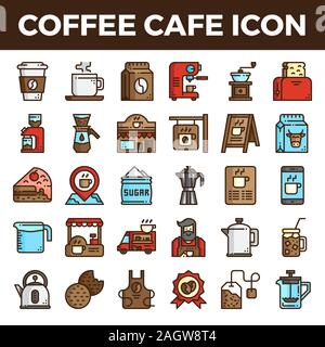 Coffee cafe filled outline icons. Pixel perfect alignment icon. Vector illustration. Stock Vector