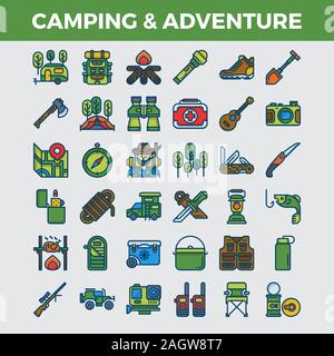 Camping and outdoor adventure filled outline icons. Pixel perfect icon. Vector illustration Stock Vector