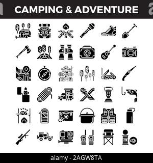 Camping and outdoor adventure solid icons. Pixel perfect icon. Vector illustration Stock Vector