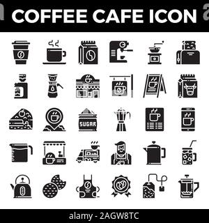 Coffee cafe solid icons. Pixel perfect alignment icon. Vector illustration. Stock Vector