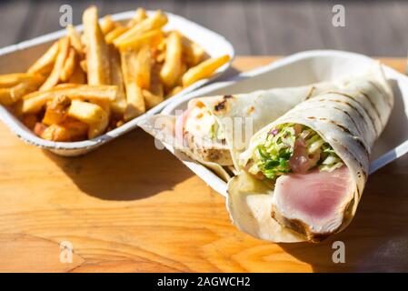 Hand-roll style albacore tuna tacos and chips from Red Fish Blue Fish Restaurant in Victoria, British Columbia, Canada. Stock Photo