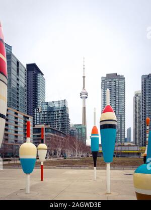 A view of downtown Toronto and the CN Tower as seen from Canoe Landing Park. Toronto, Ontario, Canada. Stock Photo