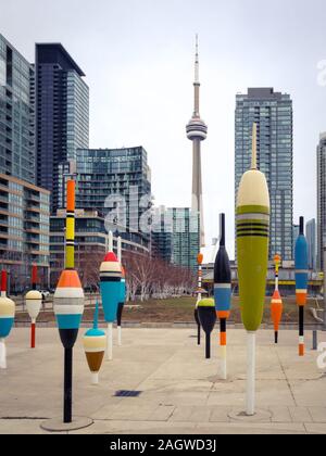 A view of downtown Toronto and the CN Tower as seen from Canoe Landing Park. Toronto, Ontario, Canada. Stock Photo