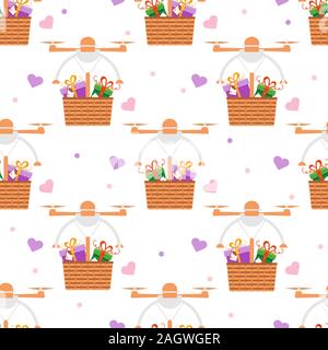 Vector seamless pattern illustration Drone flying through the air and carries gifts on white background. Fast delivery to customer. Future transportat Stock Vector
