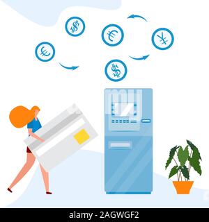 Vector illustration Woman with bank card near ATM. Cash withdrawal, currency exchange at automated teller machine. Financial transactions using ATM. E Stock Vector