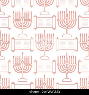 Happy Hanukkah. Jewish holiday Vector seamless pattern with traditional Chanukah symbols Menorah candles, Torah scroll on the white background. Festiv Stock Vector
