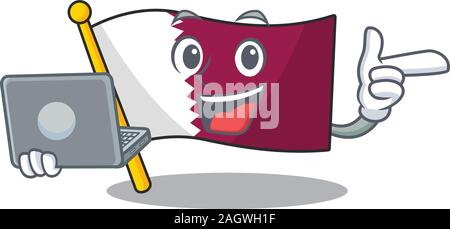 Cute and smart flag qatar Scroll working with laptop Stock Vector