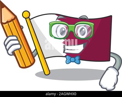 Cool smart Student flag qatar Scroll character holding pencil Stock Vector