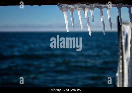 Frozen icicles by the Lake Ontario Stock Photo