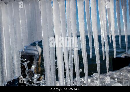 Frozen icicles by the Lake Ontario Stock Photo