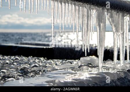 Frozen icicles by the Lake Ontario Stock Photo