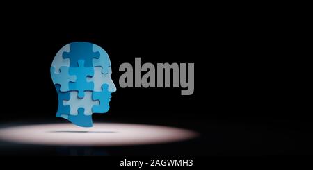 Blue Human Puzzle Head Shape Spotlighted on Black Background with Copy Space 3D Illustration Stock Photo