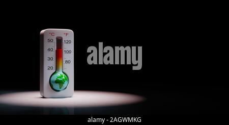 Earth in the Shape of a Thermometer Spotlighted on Black Background with Copy Space 3D Illustration, Global Warming Concept Stock Photo