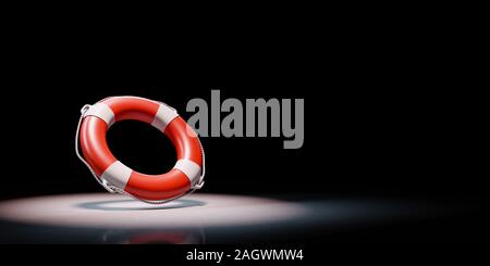 Red and White Lifebelt Spotlighted on Black Background with Copy Space 3D Illustration Stock Photo