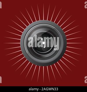 Photo camera lens icon on red background. Stock Vector
