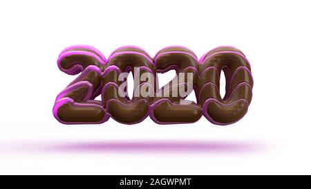 Christmas figure made in 2020 in the form of chocolate donuts poured on top of a pink caramel. New Year sign. 3d rendering isolated on white backgroun Stock Photo