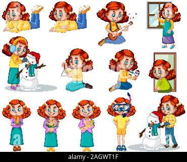 Girl in yellow shirt doing different activities illustration Stock Vector