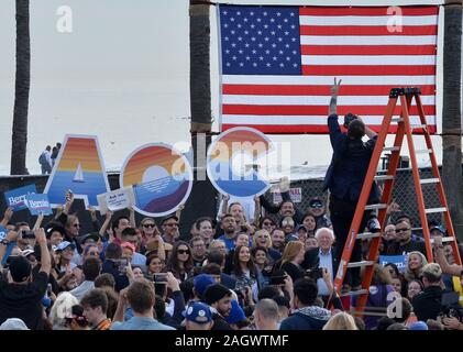 Democratic presidential candidate Bernie Sanders (lower right), joins supporters for a photo-op during a beachside rally at Venice Beach in Los Angeles on Saturday, December 21, 2019. During her remarks, NY Rep. Alexandria Ocasio-Cortez, who joined Sanders at the rally, praised Sanders for his ambitious climate protection plan, which she called 'a solution that at least attempts to be on the scale of the crisis.' On foreign policy, she praised Sanders' 'long commitment to making sure we are scaling back endless war.'' Photo by Jim Ruymen/UPI Stock Photo